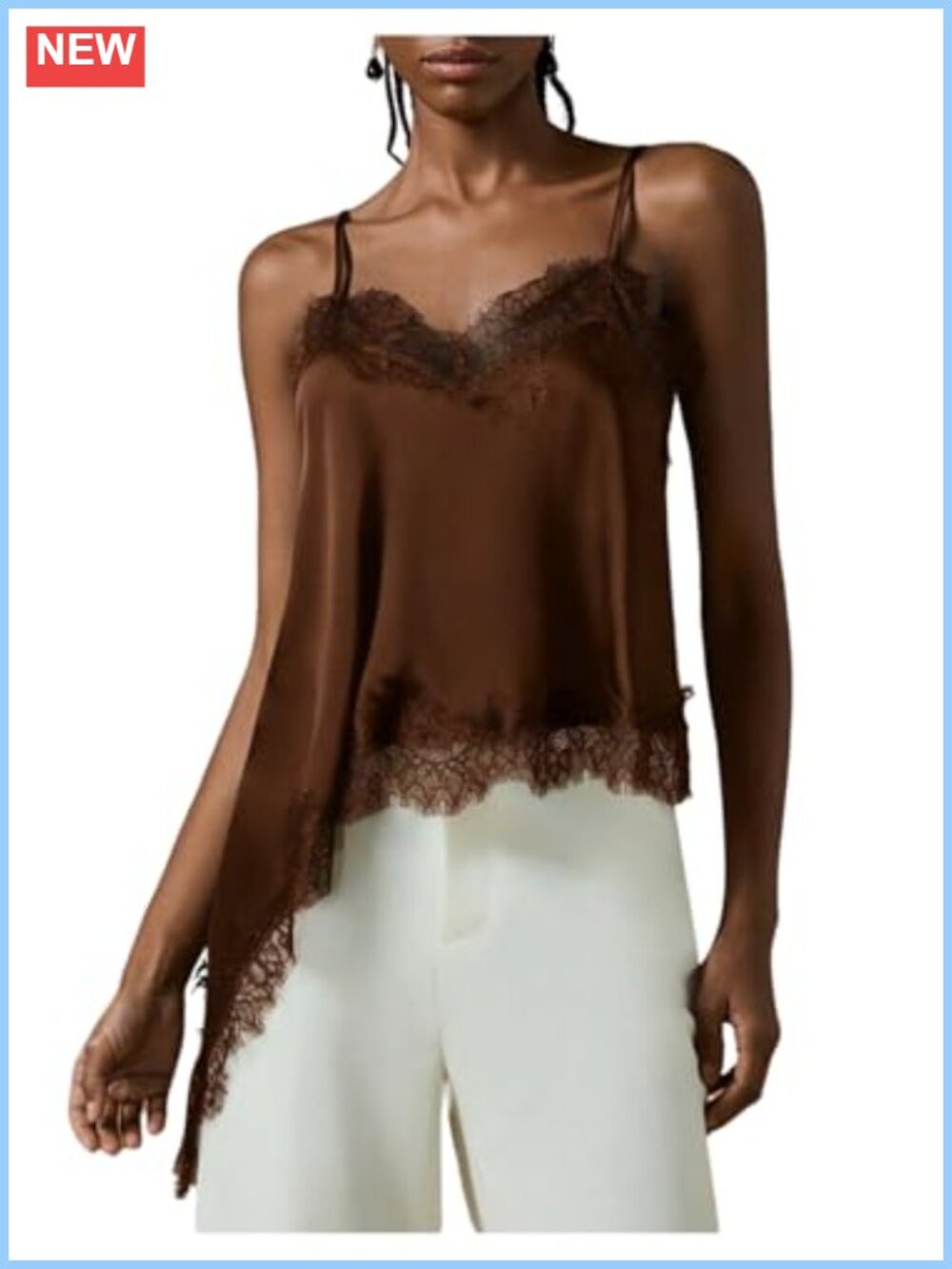 Lace Satin Cami Top Asymmetrical Hem Backless Spaghetti Strap